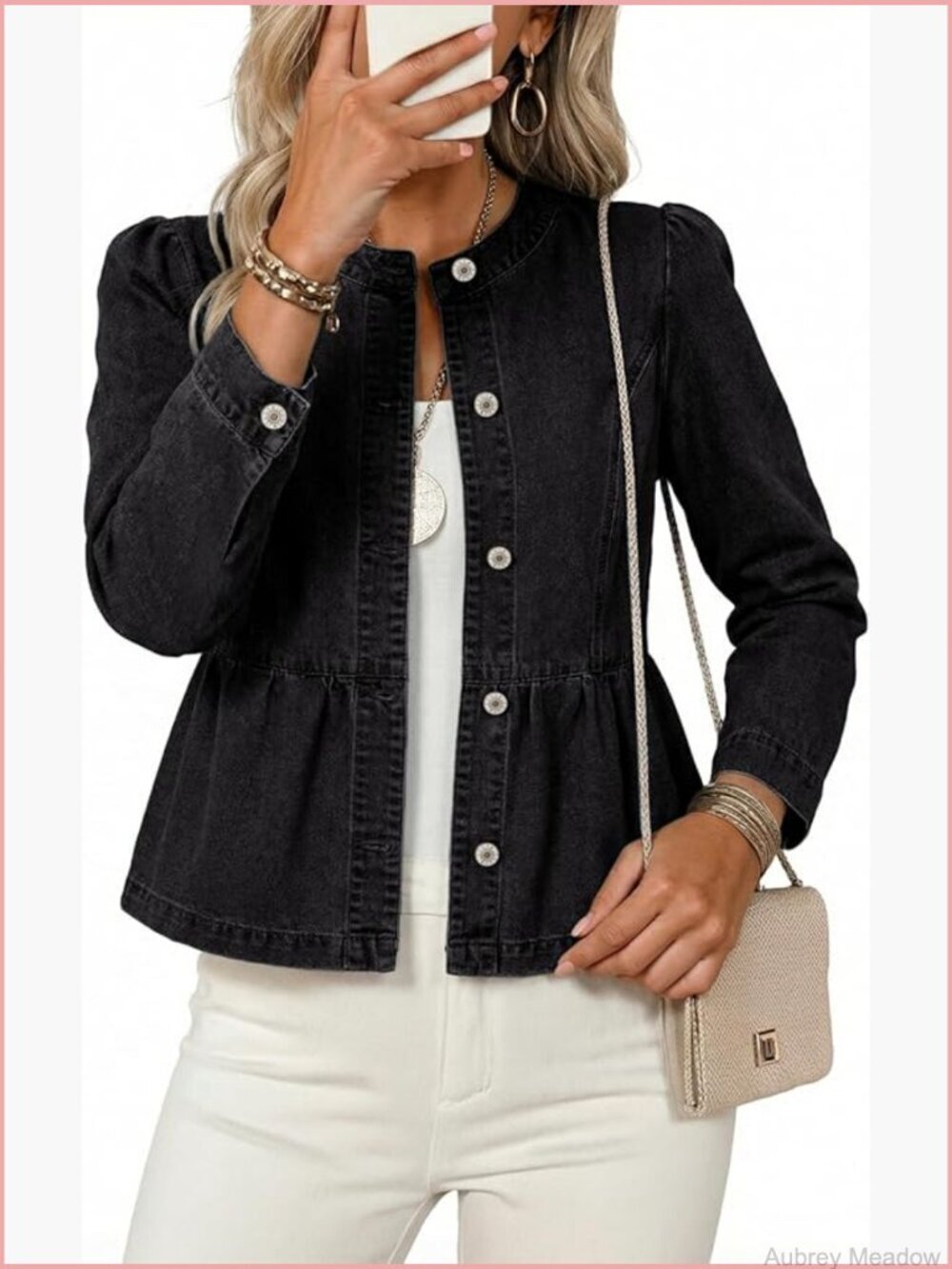 Cropped Denim Jacket Button Down Long Sleeve Collarless Cinched Waist